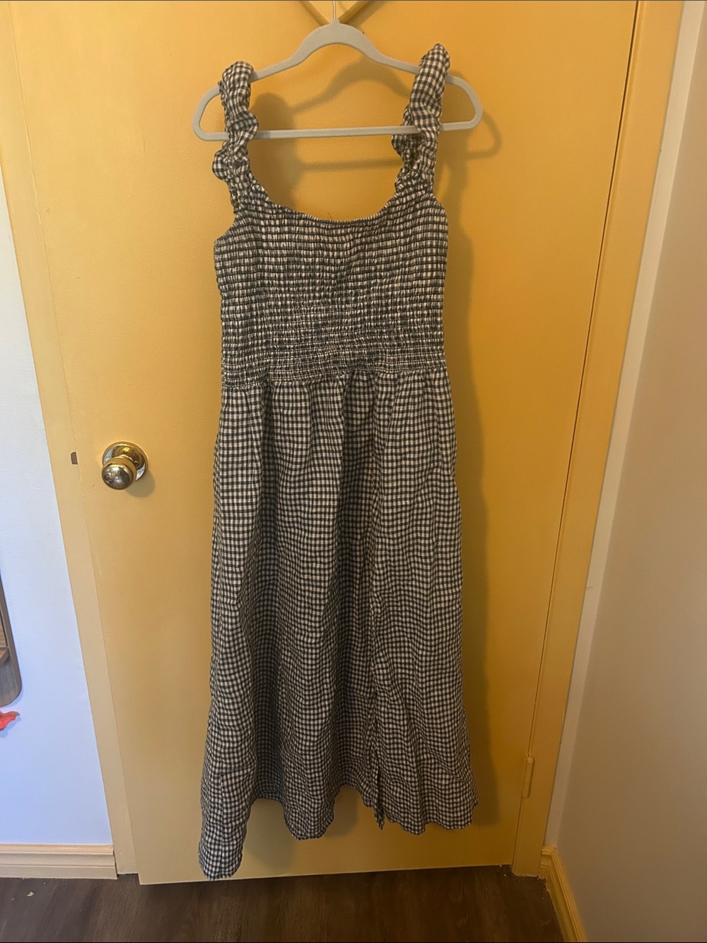 Reformation Black and White Gingham Smocked Midi Dress